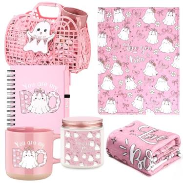 Imagem de Roshtia 1 conjunto de 7 peças Halloween You're My Boo Jelly Basket Stuffers para mulheres Ghost Boo placa manta de café caneca de café jarra espiral diário caneta cartão plástico bolsa de mão presente