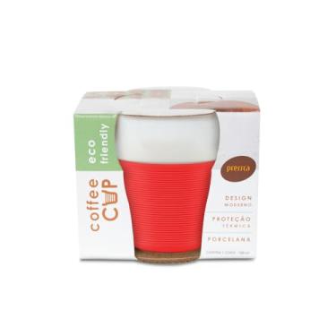 Imagem de Coffee Cup - Copo de Porcelana com luva de silicone vermelho para proteção térmica, capacidade para 150 ml, 8 cm de altura