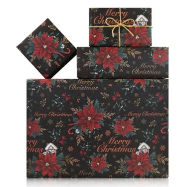 Imagem de Papéis de embrulho de flores natalinas, 4 folhas pretas com flor de poinsétia vermelha, papel de embrulho Kraft para presente de Natal, Natal, feminino, homem, 71 x 50 cm