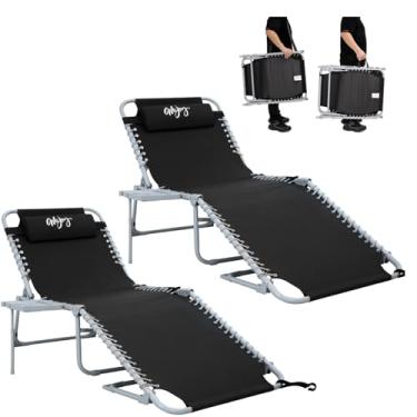 Imagem de #WEJOY Pacote com 2 espreguiçadeiras para uso ao ar livre – Cadeira dobrável portátil para piscina, cadeira de acampamento reclinável ajustável com 5 posições com mesa lateral, alça de ombro