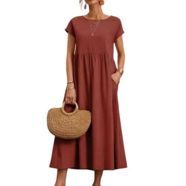 Imagem de Vestido midi Zhyaj, túnica solta, praia de verão com bolsos de algodão