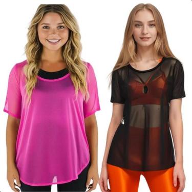 Imagem de Kit 2 Blusa Tule Feminina Academia Blusinha Verão Moda Fitness Transpa