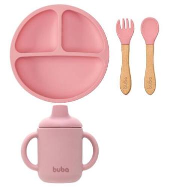 Imagem de Kit Buba Prato Talheres Copo Transição Silicone Bambu Bebê, Rosa