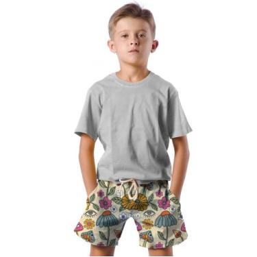 Imagem de Shorts Infantil Bermuda Calção Praia Verão Arte Vibes Flores Cogumelo 