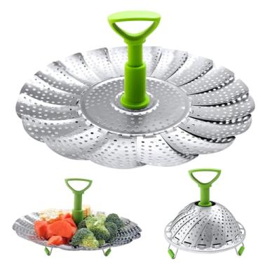 Imagem de Cesta de vaporizador de vegetais para cozinhar alimentos, cesta de vapor vegetariana de aço inoxidável para panela, inserção de vapor expansível dobrável com alça extensível para panelas de vários