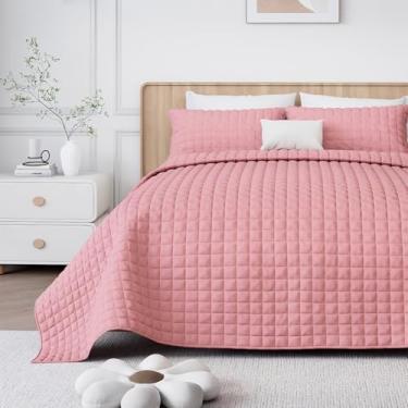 Imagem de WSOFRLAC Conjunto de colcha tamanho king, conjunto de edredom de veludo luxuoso com fronhas, colcha leve e macia para todas as estações, rosa