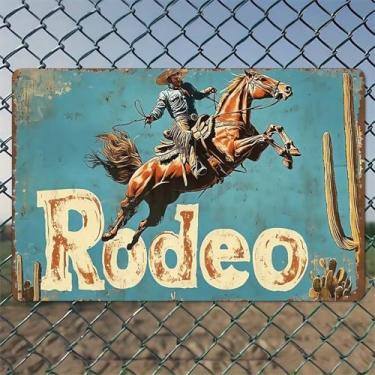 Imagem de Rodeio Cowboy Pulando Cavalo Deserto Cactos Arte de Parede de Alumínio Rústico e Placa de Metal - 20 x 30 cm Decoração Vintage Interior Exterior para Casa, Escritório, Café, Quintal e Fazenda