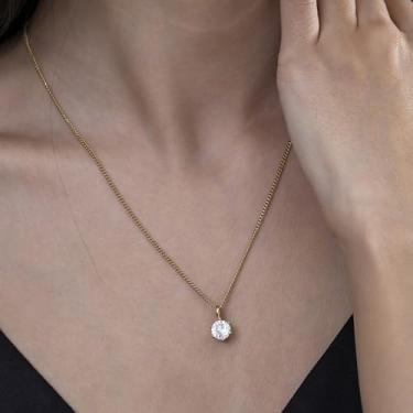 Imagem de Colar solitário com pingente de diamante para mulheres, diamante de corte redondo em cravação de pinos, elegante colar de corrente de prata, presente ideal para ela, F, Aço inoxidável, Sem Pedra