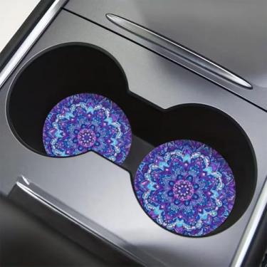 Imagem de Pacote com 2 porta-copos de carro, porta-copos absorvente de 7 cm com inserção antiderrapante e acessórios automotivos estilo mandala, interior para mulheres