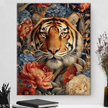 Imagem de Arte de parede botânica vintage emoldurada de tigre majestoso de Bengala - Decoração de parede com flores escuras Academia para quarto, sala de estar, casa, 20,3 x 25,4 cm