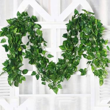 Imagem de 5 peças de plantas artificiais falsas folhas de hera penduradas guirlanda de videira verde folhas de seda plantas de parede decoração de festa de casamento faça você mesmo, 2 m (verde 2)