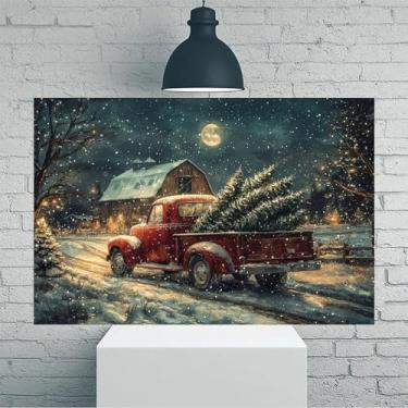 Imagem de Arte de parede em tela rústica vintage com árvore de caminhão vermelho de Natal - Pôster sem moldura de 30 x 45 cm - Decoração de casa e escritório para sala de estar, quarto, cozinha e café