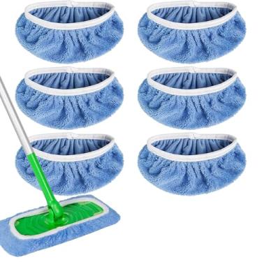 Imagem de 6 peças de substituição de esfregão de microfibra azul reutilizável, capa de esfregão plana molhada e seca, refil de almofadas molhadas laváveis para limpeza de piso de superfície/madeira (esfregão