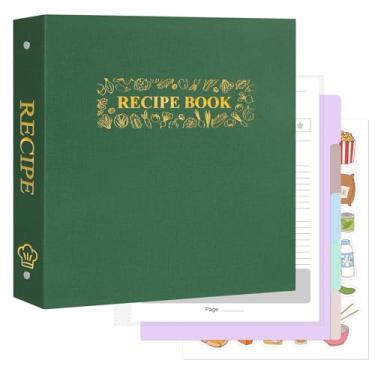 Imagem de AKONEGE Kit de fichário de receitas à prova d'água com 75 capas de plástico, 10 divisórias, 100 cartões de receita, etiquetas e adesivos, livro de receitas em branco de capa dura para cozinhar, verde