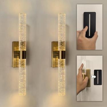 Imagem de Descasque e cole em arandelas de parede de cristal movidas a bateria dourada com controle remoto e temporizador | Candeeiros de parede de cristal recarregáveis sem fio para decoração de imagem