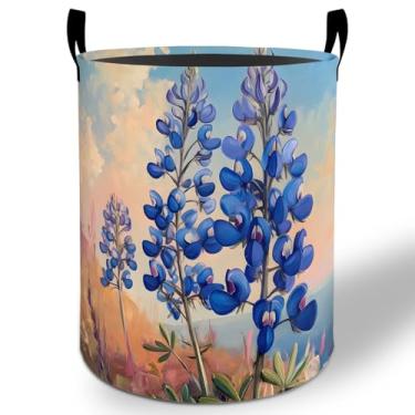 Imagem de Bluebonnet Cesto de lavanderia de flores silvestres 50 x 40 cm, balde de armazenamento de roupas Oxford dobrável à prova d'água para quarto, banheiro, quarto, berçário, organizador de brinquedos