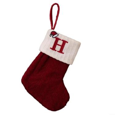 Imagem de Meia de Natal tricotada com padrão de floco de neve vermelho, design do alfabeto e corda de pendurar para decoração de árvore, guirlanda ou lareira, saco de presente de doces de 20 x 10 cm