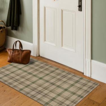Imagem de Tapete lavável 2x4 tapete de porta interior - tapete de entrada grande, decoração de casa de fazenda antiderrapante para quarto cabeceira, lavanderia, banheiro, juta fácil bege e feriado sálvia