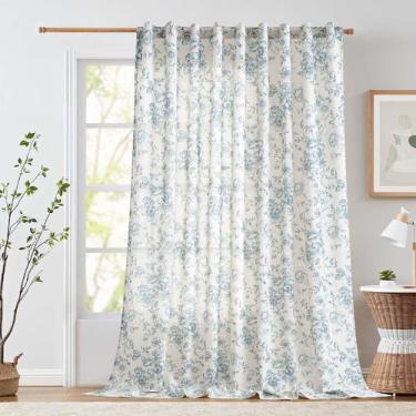Imagem de Cortina Jinchan Linen Floral 274x244cm para porta de pátio azul