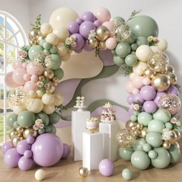 Imagem de Woaipati Kit de guirlanda de arco de balão verde empoeirado, roxo, rosa, rosa, lavanda, pastel, amarelo, névoa, verde, dourado, para chá de bebê, casamento, noivado, festa de aniversário