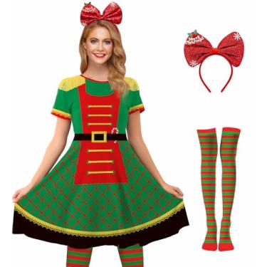 Imagem de For G and PL Fantasia feminina de elfo natalino, manga curta, vermelho, verde, vestido rodado com faixa de cabeça e meias listradas, Circo de Natal, XX-Large
