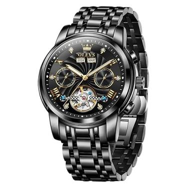 Imagem de OLEVS Relógios mecânicos automáticos masculinos luxuosos, relógio de pulso de diamante, preto, esqueleto, turbilhão, aço inoxidável
