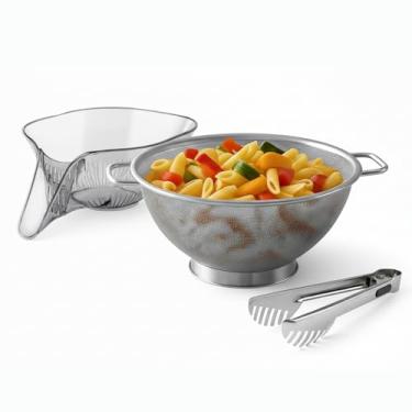 Imagem de Kit Escorredor Massas istoSim 3pç - Inox 26cm + Tigela Bowl Funil + Pegador - Lava-louças Cozinha