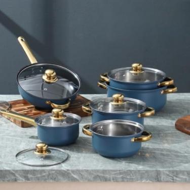 Imagem de Conjunto De Panelas De AçO InoxidáVel Com 6 PeçAs + 1 Frigideira Antiaderente + Conjunto De UtensíLios De Cozinha De AçO InoxidáVel Com 6 PeçAs. FáCil De Limpar, Cabos Resistentes Ao Calor.(Azul)