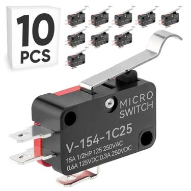 Imagem de Pacote com 10 microinterruptores de limite com alavanca de dobradiça curva, micro interruptor de encaixe momentâneo, 16A 125/250V CA, 12V DC SPDT 3 pinos 1NO/1NC interruptor de limite para forno