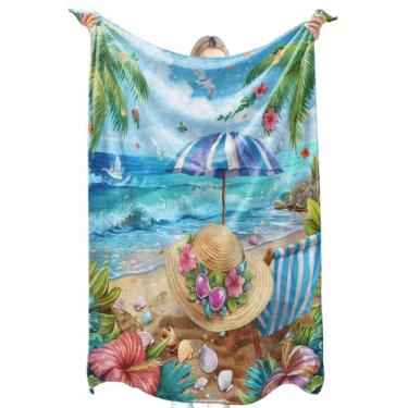Imagem de zbezbe Cobertor de flanela tropical praia verão cenário litorâneo chapéu guarda-chuva concha palmeira cobertor leve macio para festa, cadeira, cama, sofá, acampamento, viagem, decoração de casa