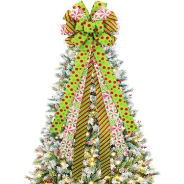 Imagem de Tmflexe Topo de árvore de Natal grinaldas arco grande vermelho verde árvore de elfo de natal laços de pontos fitas listras borda de poliéster presente enfeites de doces para guirlanda festa de casamento decoração de férias