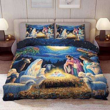 Imagem de Delerain Conjunto de capa de edredom tamanho king, presépio de Natal, conjunto de cama de 3 peças para mulheres e homens, moderno conjunto de quarto de microfibra macia, decoração de quarto, 1 capa de