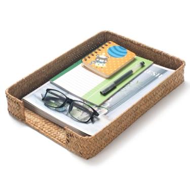 Imagem de Bandeja de cartas de algas marinhas, bandeja de mesa de tecido, organizador de cesta de mesa de vime para papéis, documentos, revistas, arquivos