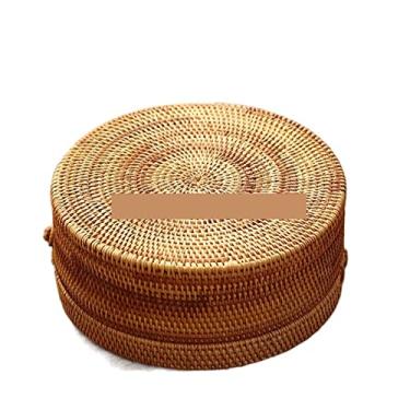 Imagem de Tigela de frutas, caixa de armazenamento de vime tecida à mão com tampa, recipiente de vime, chá, alimentos, piquenique, pão, cesta de bolo, caixa de ornamento, organizador de cozinha, pratos de