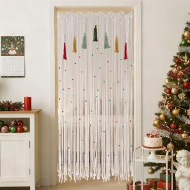 Imagem de Cortina de macramê Boho com borlas coloridas, 1 painel de 89 cm x 200 cm, cortina de contas feita à mão para entrada, cortinas de janela com contas de madeira, divisória de quarto boêmia, decoração de
