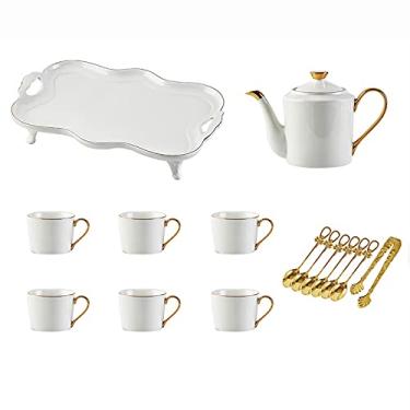 Imagem de Conjunto de chá de café de porcelana branca com bandeja de chá, bule de chá 1200 ml, 6 xícaras de 240 ml, serviço de chá moderno para chá/café/água