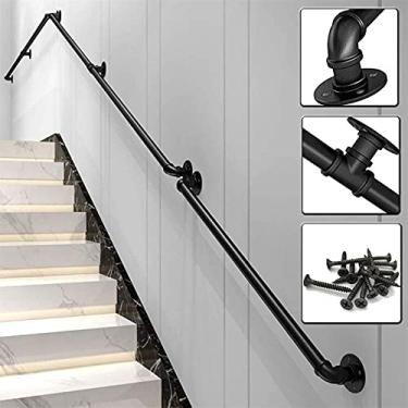 Imagem de Corrimão de escada - kit completo, corrimão de tubo preto industrial de escada com suporte de montagem na parede, casa contra a parede, grades internas e externas para idosos (tamanho: 5,2 m)