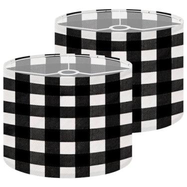 Imagem de Abajur de tambor xadrez escocês branco preto gaiola escocesa buffalê xadrez lâmpada média abajur de tecido de linho de substituição para abajur de mesa de cabeceira luminária de chão aranha 28 x 23 cm