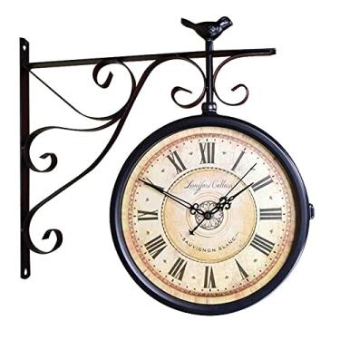 Imagem de Relógio redondo de ferro forjado com aparência antiga para pendurar na parede dupla face com duas faces, retrô, lustre redondo, relógio para pendurar na parede, decoração de casa, relógio de parede