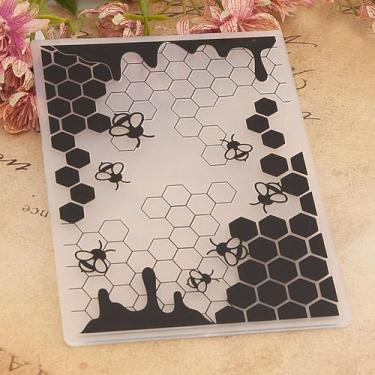 Imagem de Pasta de gravação de plástico com padrão de favo de mel de abelhas, impressões texturizadas 3D, hexágono, colmeia, fundo em relevo, modelo de pasta para fazer cartões, scrapbook, artesanato, álbuns