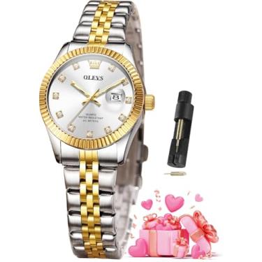 Imagem de OLEVS Relógios femininos luxuosos, elegantes, de aço inoxidável, à prova d'água, luminosos, diamantes, modernos, relógios femininos para pulsos pequenos, 3705 - branco em dois tons, relógio feminino