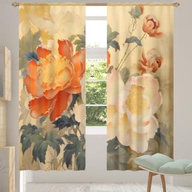 Imagem de 2 conjuntos de painéis de flores retrô laranja branco cortinas transparentes arejadas com filtro leve painéis de cortina leve cortina de porta janela para sala de estar, quarto, jantar, 192 cm de