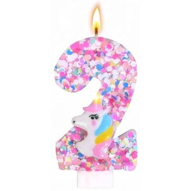 Imagem de Decoração de velas de aniversário com número de unicórnio, suprimentos de festa de aniversário com tema de unicórnio, topo de bolo de aniversário de lantejoulas com glitter para meninos e meninas