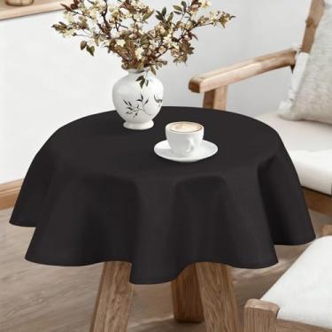 Imagem de JIUZHEN Toalha de mesa redonda de linho texturizada resistente a manchas resistente a manchas tecido decorativo para cozinha, jantar, festa, casamento, uso ao ar livre, 101 cm redondo, preto