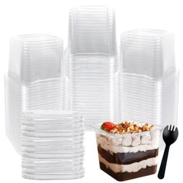 Imagem de Rainmae Copos de sobremesa de plástico descartáveis de 340 g com tampas Copos de parfait com tampas Copos de frutas com tampa Copos de aperitivo Sporks Copos quadrados transparentes para café gelado
