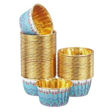 Imagem de HARFINGTON 50 forros para cupcake 100 ml, forros de cupcake dourados, pequenos copos de panificação, estilo boêmio, para festa de aniversário, festival de casamento, azul/roxo