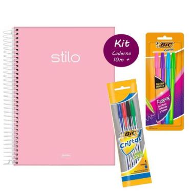 Imagem de Kit Caderno Espiral 10m Capa Dura 160 fls Rosa Pastel + Kit 8 Canetas 