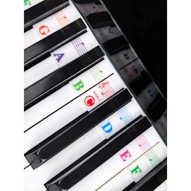 Imagem de Etiquetas de teclas de piano, adesivos removíveis para teclado de tamanho completo padrão de 88 teclas, tiras de silicone reutilizáveis, letras grandes em negrito multicoloridas para crianças