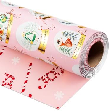 Imagem de Burymento Papel de embrulho de Natal, papel de embrulho reversível com design de bola de cristal rosa adequado para o Natal, mini rolo (43 cm x 32,8 pés)