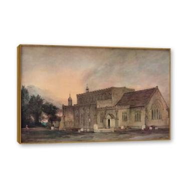 Imagem de Moldura de madeira de teca. Mural com moldura de madeira maciça John Constable Pintura de paisagem Arte de romance Arte de parede elegante emoldurada. (Sem título 52). 70 x 105 cm